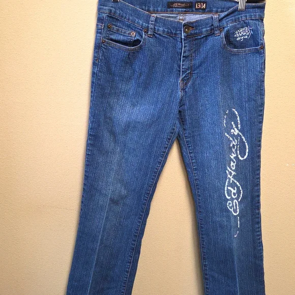 Ed Hardy Embroidered Skull Flames Tattoo Jeans EUC Size 33x32 Vintage - Picture 3 of 8